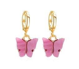 Gold Toned Huggie Hoops With Attached Butterfly Charm Hanging Earrings Gold Plated For Women and Girls Dark Pink