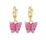 Gold Toned Huggie Hoops With Attached Butterfly Charm Hanging Earrings Gold Plated For Women and Girls Dark Pink
