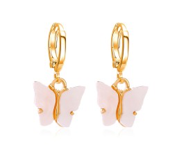 Gold Toned Huggie Hoops With Attached Butterfly Charm Hanging Earrings Gold Plated For Women and Girls White