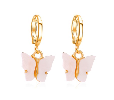 Gold Toned Huggie Hoops With Attached Butterfly Charm Hanging Earrings Gold Plated For Women and Girls White