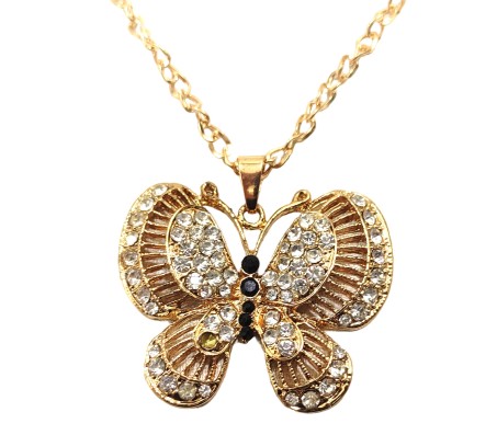 Fashion Crystal Gold Long Chain Stylish Big Butterfly Pendant Necklace With Black Rhinestone In Center Jewelry for Women and Girls Multicolor