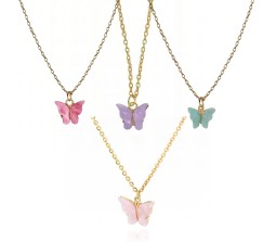 Gold Chain Plated Pink Aqua Blue Purple Butterfly Pendant Necklace Combo / Set of 4 for Women and Girls