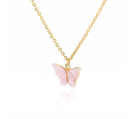 Gold Chain Plated Light Pink Butterfly Pendant Necklace for Women and Girls