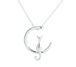 Crescent Moon Cat Pendant Necklace Jewellery Silver Plated Cat Lover Gifts for Women & Girls