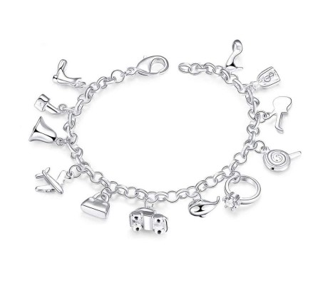 Silver Cute Charm Bracelet with Plane Car Shoe Lipstick Purse Ring Guitar Sandal For Girls and Women Freesize