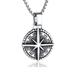 3D Cross Compass Pendant For Men Round Silver Chain Necklace Chain Punk Hip Hop Biker Traveller For Men Boys Men's Jewellery Accessories D1