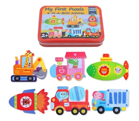 Wooden Floor Puzzles for Toddlers and 1 Year Olds 6 in 1 Beginner Jigsaw Puzzle Transport Vehicles with Tin Box Multicolor