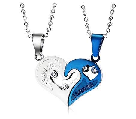 Stainless Steel Love Heart Shape Couple Duo Matching Pendant Necklace Locket Pairs I love you Engraved for Lovers Couples Friendship BFF Best Friend BS