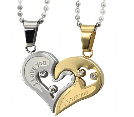 Stainless Steel Love Heart Shape Couple Duo Matching Pendant Necklace Locket Pairs I love you Engraved for Lovers Couples Friendship BFF Best Friend GS