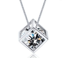 Cube Shape Pendant Solitaire Cute Silver Premium Necklace Stylish with Sparkling Zircon Diamond Valentine Anniversary Modern Simple and Aesthetic Gift for Girls and Woman