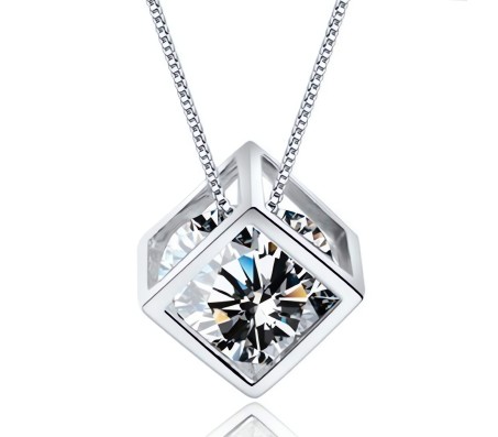 Cube Shape Pendant Solitaire Cute Silver Premium Necklace Stylish with Sparkling Zircon Diamond Valentine Anniversary Modern Simple and Aesthetic Gift for Girls and Woman