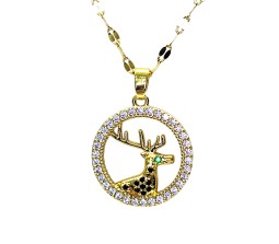 Deer Stag Shaped Circle Round Gold Necklace Pendant Chain Always with Cubic Zirconia Simple Valentine Gift for Women