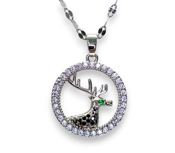 Deer Stag Shaped Circle Round Silver Necklace Pendant Chain Always with Cubic Zirconia Simple Valentine Gift for Women