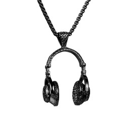 DJ Headphone Music Lover Black Stainless Steel Pendant Hip Hop with 24inch Round Box Long Thick Chain Necklace Gift for Men & Boys