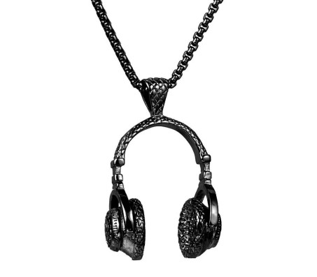 DJ Headphone Music Lover Black Stainless Steel Pendant Hip Hop with 24inch Round Box Long Thick Chain Necklace Gift for Men & Boys