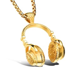 DJ Headphone Music Lover Gold Stainless Steel Pendant Hip Hop with 24inch Round Box Long Thick Chain Necklace Gift for Men & Boys