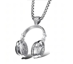 DJ Headphone Music Lover Silver Stainless Steel Pendant Hip Hop with 24inch Round Box Long Thick Chain Necklace Gift for Men & Boys