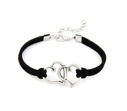 Double Heart Love Charm Black Leather Promise Friendship Bracelet for Girls and Boys