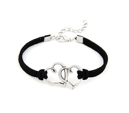 Double Heart Love Charm Black Leather Promise Friendship Bracelet for Girls and Boys