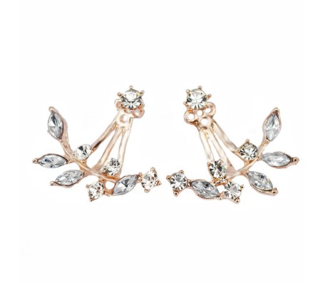 Gold Plated Leaf Earring Crystal Jacket Double Sided Swing Ear Studs Earrings