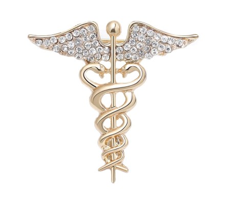 Medical Caduceus Doctors Gold Plated Crystal Rhinestone Unisex Brooch Lapel Pin Metal Stainless Steel Doctor Angel Wings Lepel Blazer Suit for Men and Women