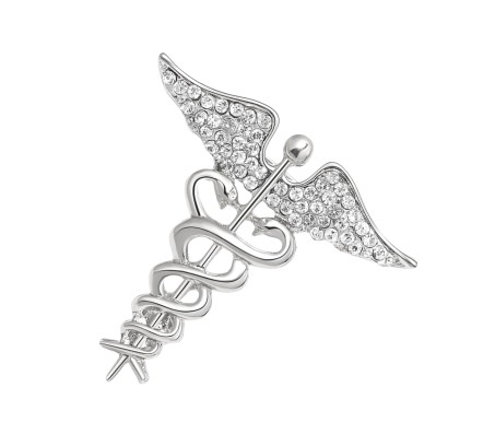 Medical Caduceus Doctors Silver Plated Crystal Rhinestone Unisex Brooch Lapel Pin Metal Stainless Steel Doctor Angel Wings Lepel Blazer Suit for Men and Women
