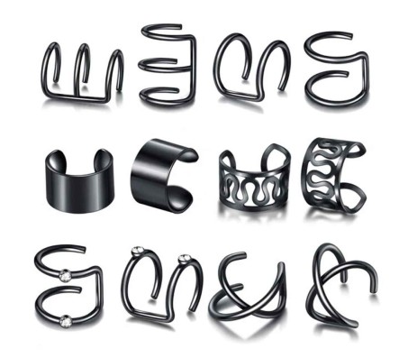 Stylish Black Set 12 Pcs Combo Clip On Ear Cuff Earrings Adjustable Korean Stainless Steel Punk Non Piercing Earings Without Piercing Clips for Women Girls Men Boys