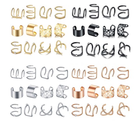 Stylish Silver Gold Rose Black Set 48 Pcs Combo Clip On Ear Cuff Earrings Adjustable Korean Stainless Steel Punk Non Piercing Earings Without Piercing Clips for Women Girls Men Boys