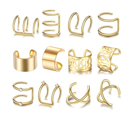 Stylish Gold Set 12 Pcs Combo Clip On Ear Cuff Earrings Adjustable Korean Stainless Steel Punk Non Piercing Earings Without Piercing Clips for Women Girls Men Boys