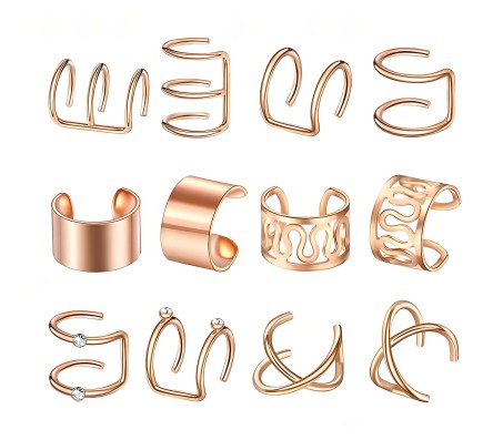 Stylish Rose Gold Set 12 Pcs Combo Clip On Ear Cuff Earrings Adjustable Korean Stainless Steel Punk Non Piercing Earings Without Piercing Clips for Women Girls Men Boys