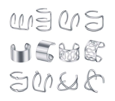 Stylish Silver Set 12 Pcs Combo Clip On Ear Cuff Earrings Adjustable Korean Stainless Steel Punk Non Piercing Earings Without Piercing Clips for Women Girls Men Boys