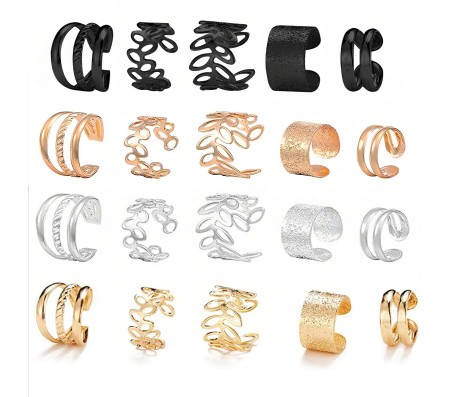 Stylish Silver Gold Rose Black Set 20 Pcs Combo Clip On Ear Cuff Earrings Adjustable Korean Stainless Steel Punk Non Piercing Earings Without Piercing Clips for Women Girls Men Boys