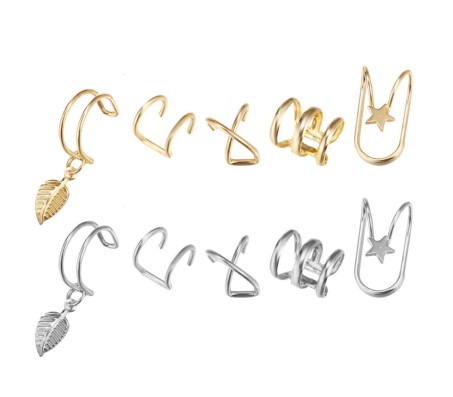 Stylish Gold Silver Set 10 Pcs Combo Clip On Ear Cuff Earrings Adjustable Korean Stainless Steel Punk Non Piercing Earings Without Piercing Clips for Women Girls Men Boys D2