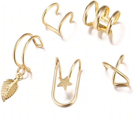 Stylish Gold Set 5 Pcs Combo Clip On Ear Cuff Earrings Adjustable Korean Stainless Steel Punk Non Piercing Earings Without Piercing Clips for Women Girls Men Boys D2