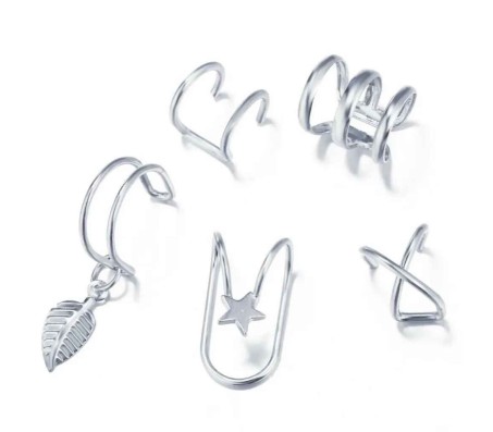 Stylish Silver Set 5 Pcs Combo Clip On Ear Cuff Earrings Adjustable Korean Stainless Steel Punk Non Piercing Earings Without Piercing Clips for Women Girls Men Boys D2