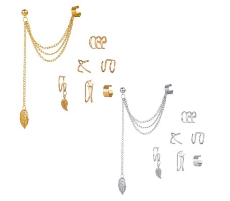 Stylish Gold Silver Set 12 Pcs Combo Clip On Ear Cuff Earrings Adjustable Korean Stainless Steel Punk Non Piercing Earings Without Piercing Clips for Women Girls Men Boys