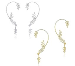 2 Pair of Stylish Korean No Piercing Leaves Ear Crawler Cuff Earrings Silver and Gold Ear Wrap Slider 4Pcs Set For Women And Girls 