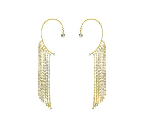 Pair of Stylish Korean No Piercing Tassel Long Ear Crawler Cuff Earrings Gold Ear Wrap Slider Rhinestone 2Pcs Set For Women And Girls