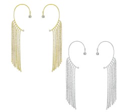 2 Pair of Stylish Korean No Piercing Tassel Long Ear Crawler Cuff Earrings Gold Silver Ear Wrap Slider Rhinestone 4Pcs Set For Women And Girls