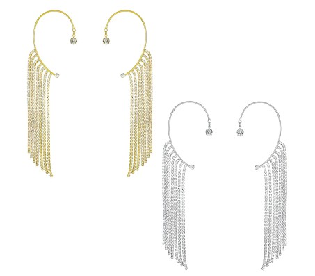 2 Pair of Stylish Korean No Piercing Tassel Long Ear Crawler Cuff Earrings Gold Silver Ear Wrap Slider Rhinestone 4Pcs Set For Women And Girls