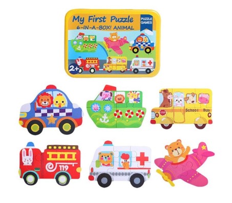 Wooden Floor Puzzles for Toddlers and 1 Year Olds 6 in 1 Beginner Jigsaw Puzzle Essential Transport with Tin Box Multicolor