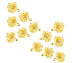 12pcs Flower Napkin Ring Holder Set Gold Formal Dining Table Deluxe Flowers Rhinestone Metal Rings Holders Mesh for Parties, Wedding, Feast, Banquet Decor, Festival Accessories