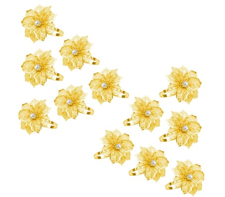 12pcs Flower Napkin Ring Holder Set Gold Formal Dining Table Deluxe Flowers Rhinestone Metal Rings Holders Mesh for Parties, Wedding, Feast, Banquet Decor, Festival Accessories