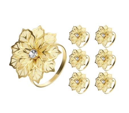 6pcs Flower Napkin Ring Holder Set Gold Formal Dining Table Deluxe Flowers Rhinestone Metal Rings Holders Mesh for Parties, Wedding, Feast, Banquet Decor, Festival Accessories