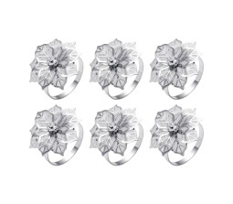 6pcs Flower Napkin Ring Holder Set Silver Formal Dining Table Deluxe Flowers Rhinestone Metal Rings Holders Mesh for Parties, Wedding, Feast, Banquet Decor, Festival Accessories