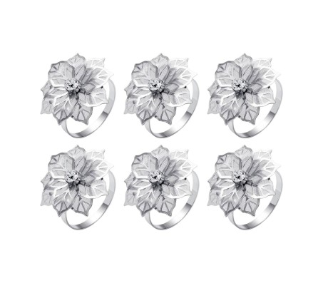 6pcs Flower Napkin Ring Holder Set Silver Formal Dining Table Deluxe Flowers Rhinestone Metal Rings Holders Mesh for Parties, Wedding, Feast, Banquet Decor, Festival Accessories