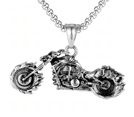 Biker Motorcycle Bike Ghostrider Pendant Stainless Steel with Long 24inch Round Box Chain Necklace Accessories for Men & Women