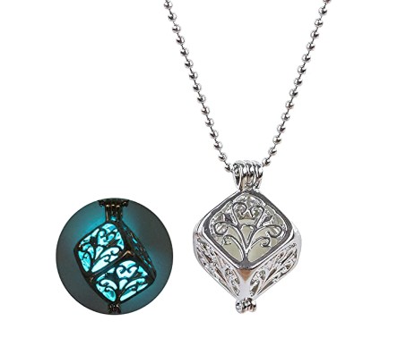 Glow in The Dark Pendant Necklace GID Cube Shape With Glowing Stone Locket Sky Blue Unique Gift for Girls And Women