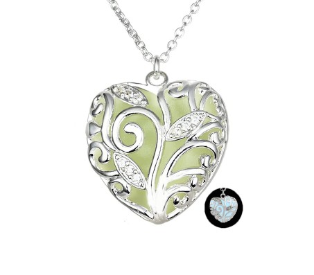 Blue Crystal Open Heart Glow in Dark with Leaf Design Silver Pendant Necklace