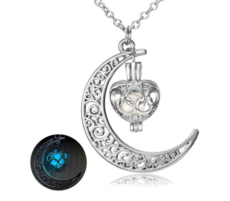 Aurora Crystal Glow in The Dark Crescent Moon Pendant Necklace for Girls Women Blue